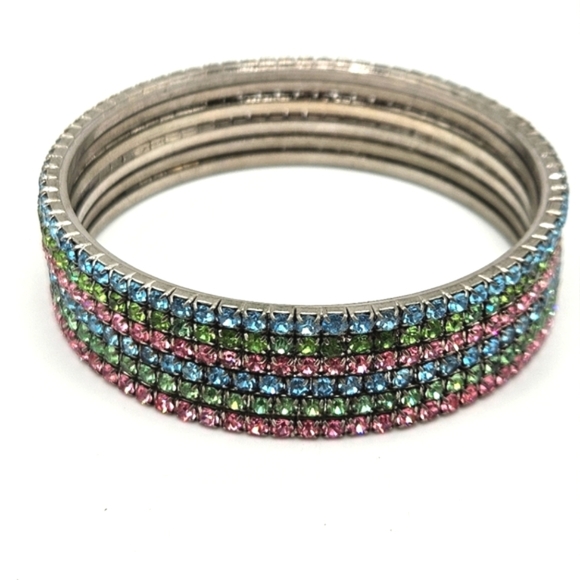 VINTAGE Channel Set 80s Rhinestone Metal Bangle Bracelet Set 6 Pink Blue Green - Picture 1 of 7